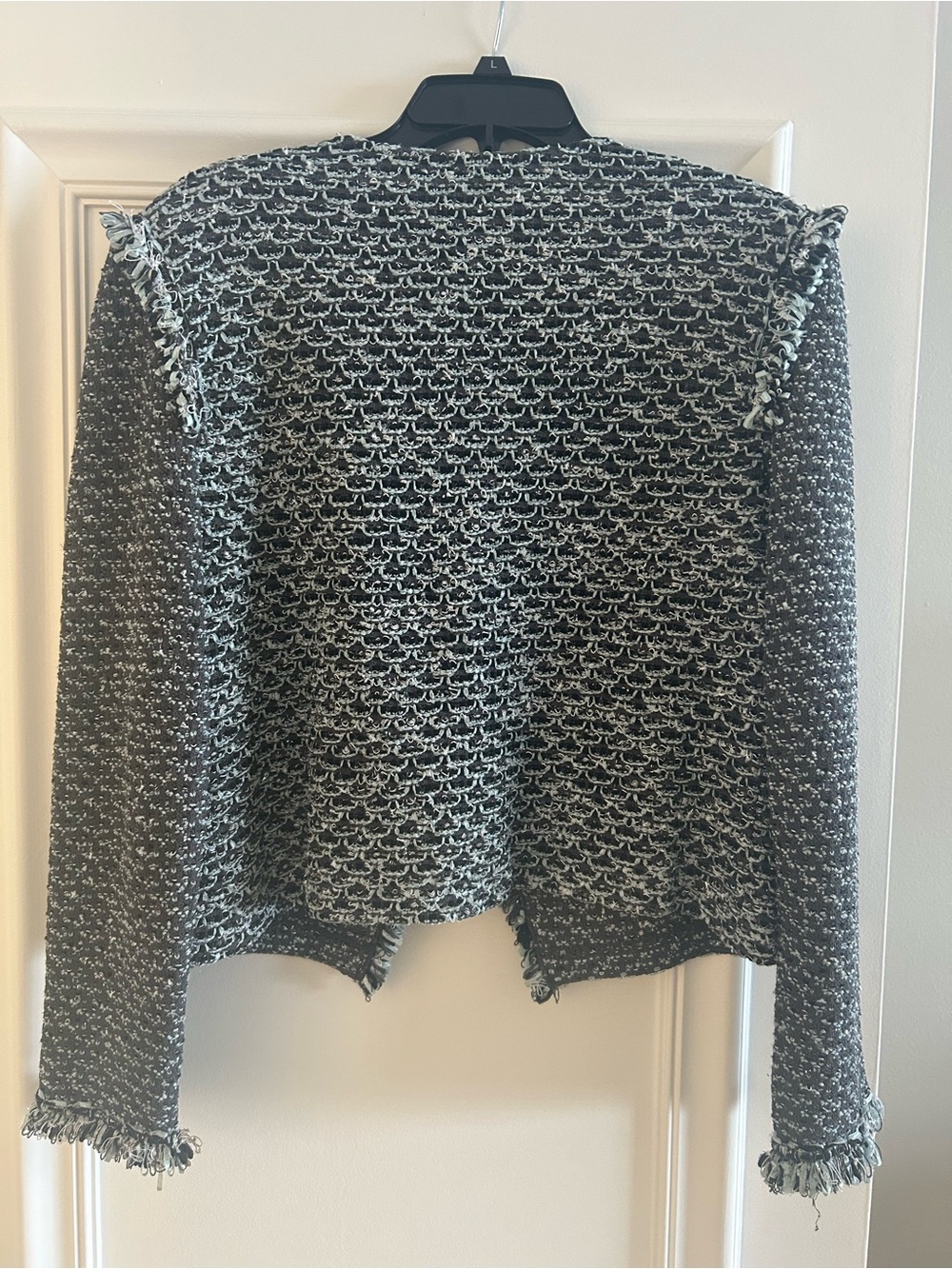 St. John Couture Charcoal and Pale Blue Tweed Fringed Cropped Blazer - Picture 2 of 3
